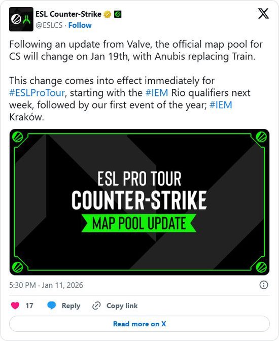 ESL官方比赛地图池调整：Anubis取代Train(图1)